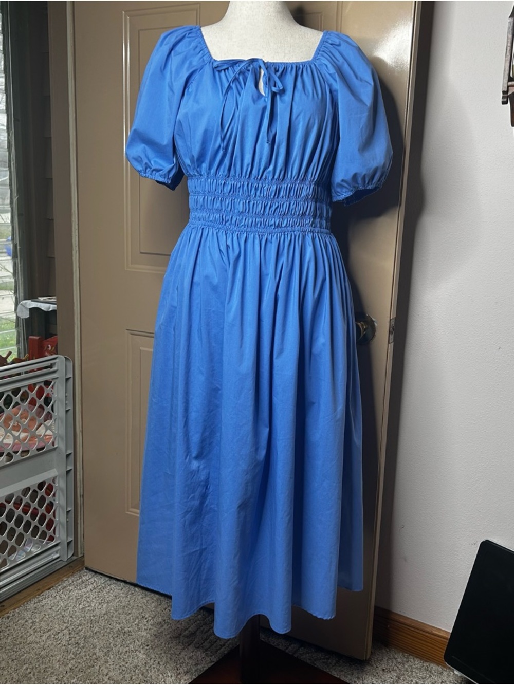 Smocked Waist Midi Dress in Bright Blue with Puff Sleeves